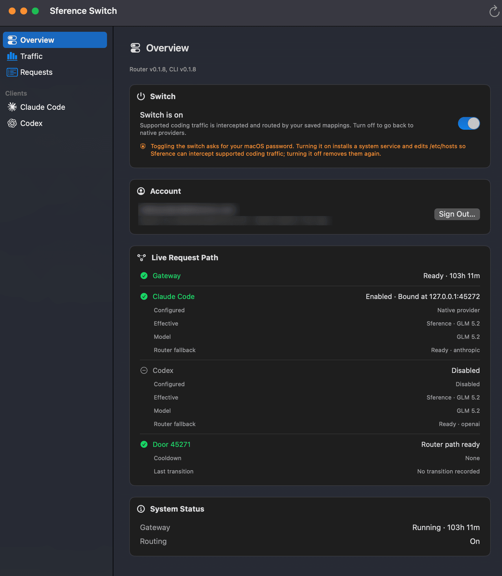The Sference Switch app: the Switch toggle, the signed-in account, and the live request path for Claude Code and Codex